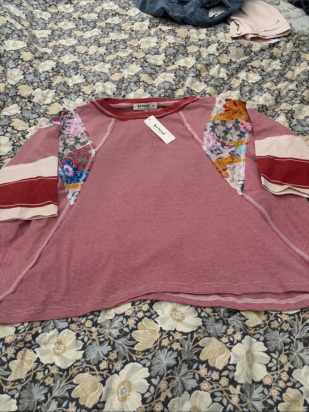 Three Bird Nest Dusty Rose Striped Patchwork Raglan Long Sleeve Top